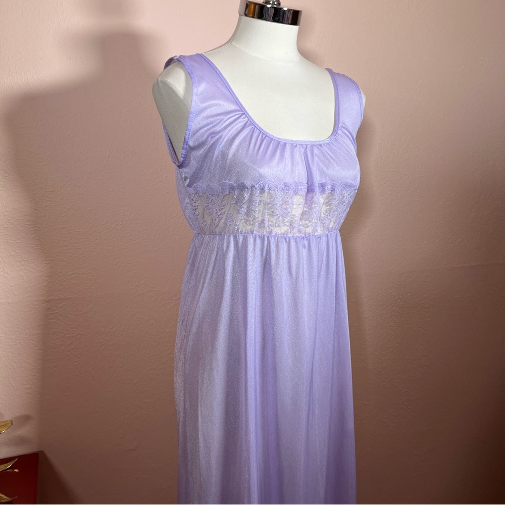 Vintage Retro Pastel Purple Satin Peek A Boo Lace Long Slip dress Night Gown - Picture 4 of 15